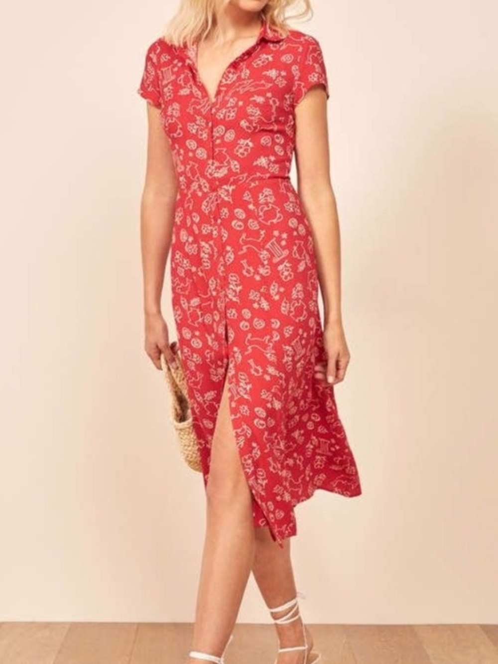 Reformation Wilma Dress Minoa Red Zodiac Print Button Front Short Sleeve Midi 8